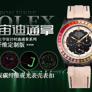 TW Factory (Updated Custom High-Intensity Luminous Case + Luminous Buckle) ROLEX Cosmograph Daytona Series Carbon Fiber Luminous Case Custom Edition. The watch is not only lightweight to wear but also features a robust exterior. Each timepiece boasts a unique carbon fiber pattern. 【Case】Dimensions 40x12.4mm perfectly match the original. TW Factory masterfully captures the distinctive essence of carbon fiber Rolex. Market-exclusive construction: entire case, bezel, and caseback crafted from high-composite carbon fiber infused with ultra-bright luminous powder. Meticulous hand-polished chamfers on every detail deliver exceptional texture.【Bracelet Clasp】The strap is crafted from synthetic fiber webbing, offering breathable comfort and a soft texture. 【Movement】Features the latest precise and mature 4801 movement (with identical functionality and thickness to the 4130), perfectly delivering powerful features—the ultimate value for money!!!