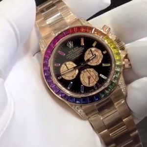 Rolex Rainbow 🌈 Daytona Series Men's 40mm Case 18k Rose Gold Solid Gold Setting with Genuine South African Diamonds 💎💎💎 Sand Gold Dial Best Value Synthetic Gemstone The only downside is: a bit pricey