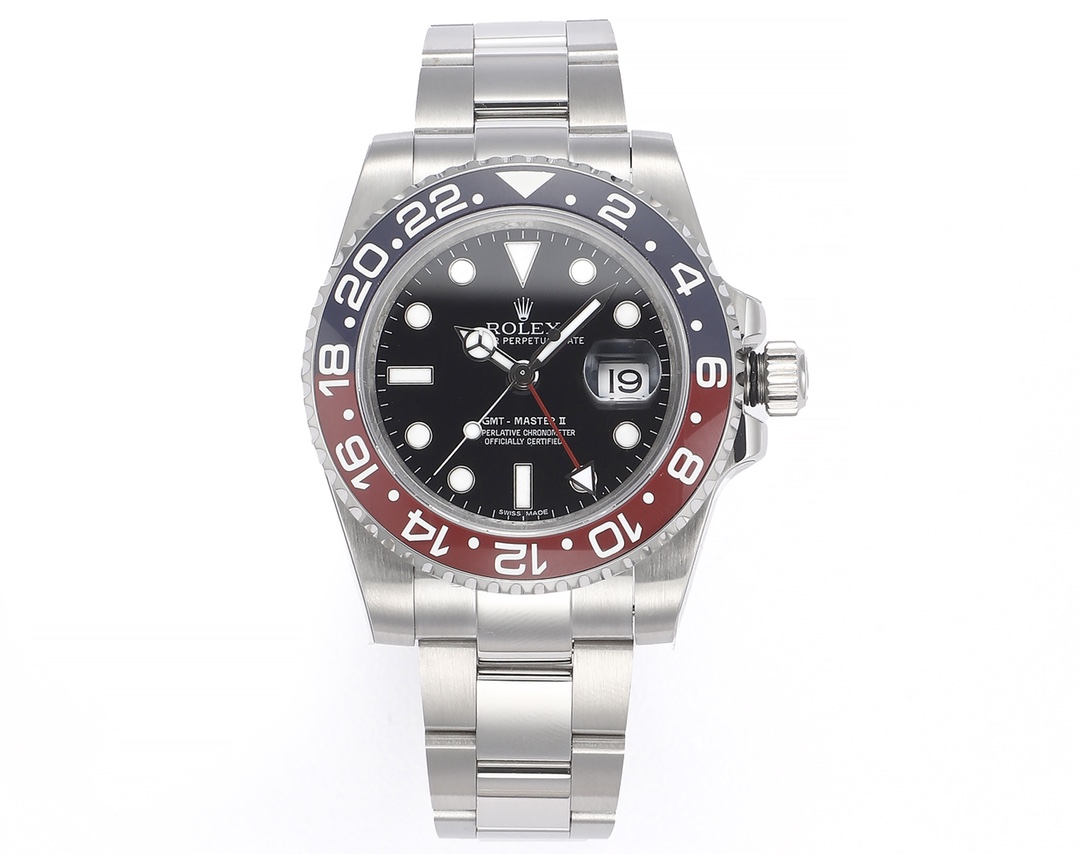 Rolex GMT-Master II Upgrade Edition. Crafted from authentic 904L steel matching genuine models, featuring an integrated ceramic bezel with platinum lettering identical to the original. Accessories compatible with genuine parts. 904L steel case and bracelet, sapphire crystal, superluminova, bidirectional ceramic rotating bezel, folding clasp.