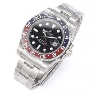 Alternative view of Rolex GMT-Master II Upgrade Edition. Crafted from authentic 904L steel matching genuine models, featuring an integrated ceramic bezel with platinum lettering identical to the original. Accessories compatible with genuine parts. 904L steel case and bracelet, sapphire crystal, superluminova, bidirectional ceramic rotating bezel, folding clasp.