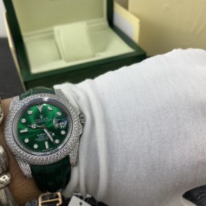 Alternative view of Royal Authentic  Rolex Submariner "Green Sub" Diamond-Set Leather Strap Men's Watch