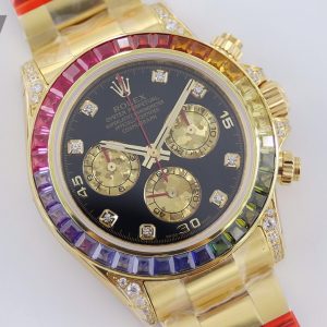 Alternative view of When Watches Meet Rainbows: A Collision of Luxury and Beauty—TW's New Cosmograph Daytona 904L Steel Watch Rainbow Edition This latest design masterfully blends cutting-edge technology with extraordinary beauty. [Case] 40mm diameter Oyster case ensures 100-meter water resistance, crafted from a single solid block of 904L steel.【Bezel】 Optimized with 36 gemstones set to achieve the most harmonious gradient transition matching the original factory colors. Consistent height and angle ensure stunning refraction effects. 【Dial】 Each chronograph subdial refracts light differently, displaying vivid and brilliant hues. The subdial positions align precisely with the original, creating a truly unique piece.【Crystal】 Crafted from scratch-resistant sapphire crystal. 【Movement】 Powered by the 7750 caliber, delivering seamless, efficient, precise, and stable performance. 【Bracelet】 Features a folding clasp, also forged from 904L steel. Actual photos upon shipment.